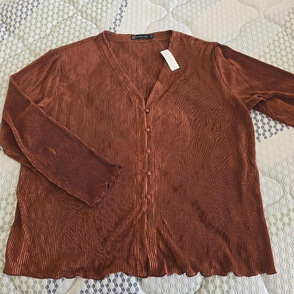 New York & Company Women's Plus Size Brown Pleated Knit Plisse Top Size 2X